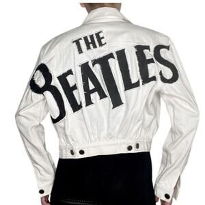 Alice + Olivia The Beatles Cropped White Denim Jacket Small READ AS IS DEFECT